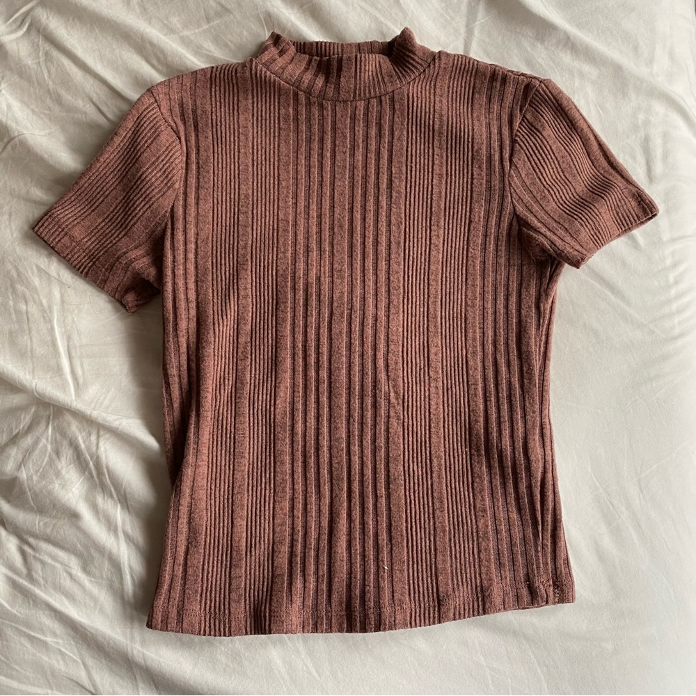 Women's Ribbed Knit High Neck Top - Dusty Mauve Size Small